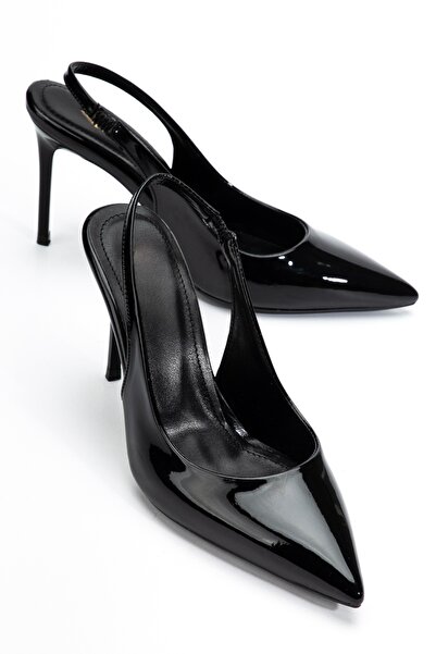 BY BERLE SHOES Women's Black Patent Leather Classic Heeled Shoes with Open Ba...