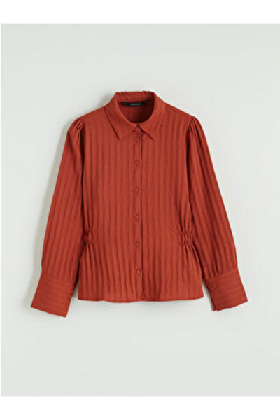 LC Waikiki Κόκκινο Ριγέ Με σούρες Γυναικείο πουκάμισο