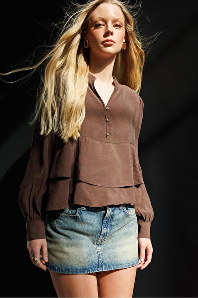 Mixray 4812 women's ruffled v-neck blouse - coffee