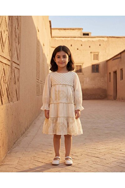 REDTAG Girls Cream Foil Tiered Dress