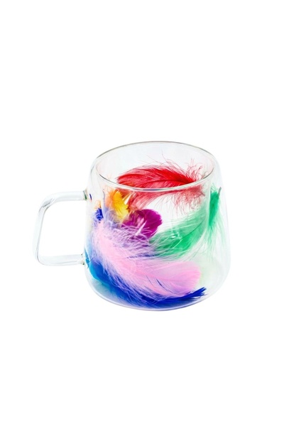 Ginza Mug with multi-colored feather insert, double walls, borosilicate glass...