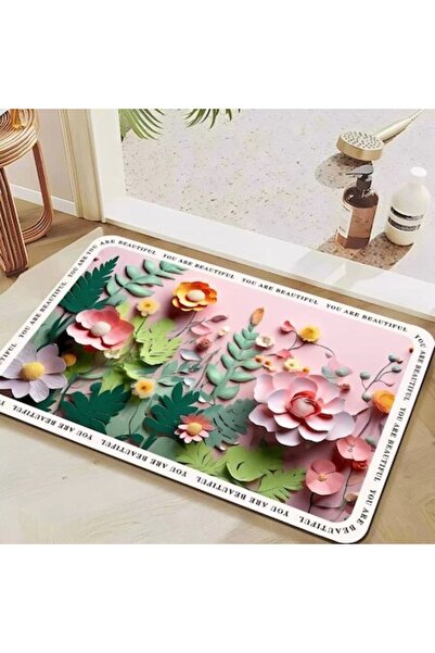 QGC 3D Silicone Carpet Set of 2, Green Flowers, 40x60cm, 50x80cm