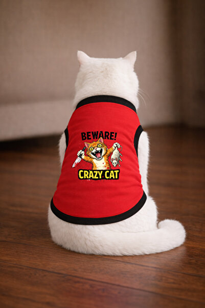 petite pati تيشيرت للقطط مطبوع عليه Red Crazy Cat مقاس 2XL (100% قطن ممشط)
