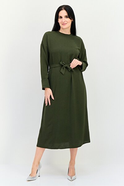 Ulyashova Women Plain Belted A-Line Dress, Dark Green
