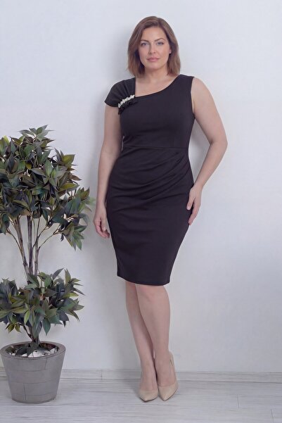 zks grup tekstil Women's Black One-Shoulder Stone Detailed Midi Length Plus S...