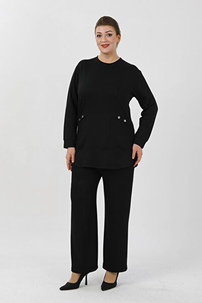 By Alba Collection Women's Black Crystal Fabric Plus Size Top and Bottom Set