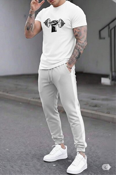 NO 601 Men's White Oval Slimfit T-Shirt with Dumbel Print and Gray Side with ...