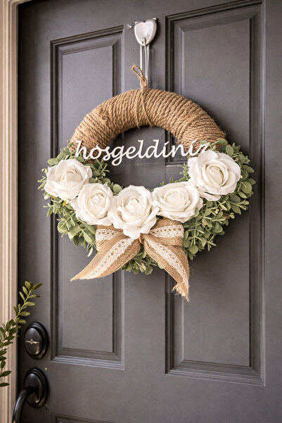 ecrella Beyaz Gül Detaylı Jüt İpli Hoşgeldiniz Kapı Süsü – Rustik Şık Tasarım...