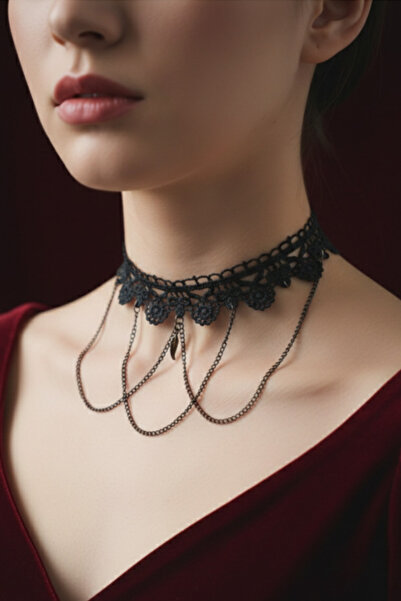 shop Gothic Lace Choker Neckpiece - Black Necklace with Chain Pendant Leaf Fi...