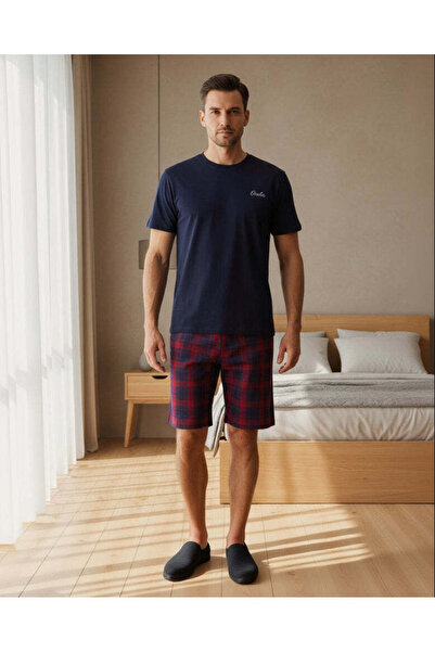 REDTAG طقم بيجامة رجالي منقوش باللونين الأزرق الداكن والأحمر (قطعتين)