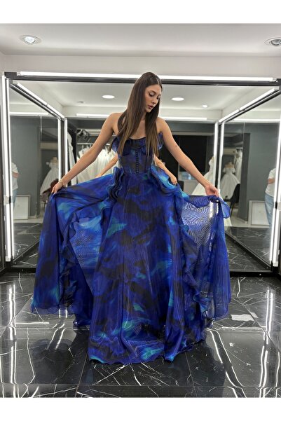 Bianco Mor Desenli Straplez Abiye Elbise – Prenses Kesim Volanlı Uzun Gece El...