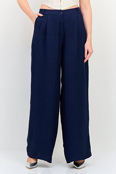 Ulyashova Women Regular Fit Plain Wide Leg Pants, Navy
