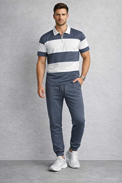 BRLKN طقم رياضي رجالي مخطط كبير الحجم مع سترة نصف سحابية وبنطلون مطاطي عند ال...