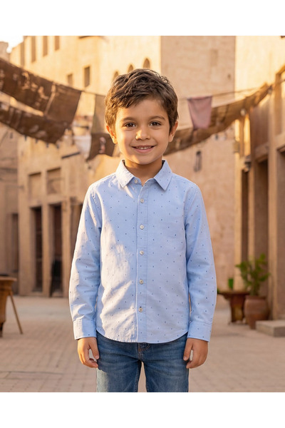 REDTAG Boys Blue Printed Button Down Long Sleeve Shirt