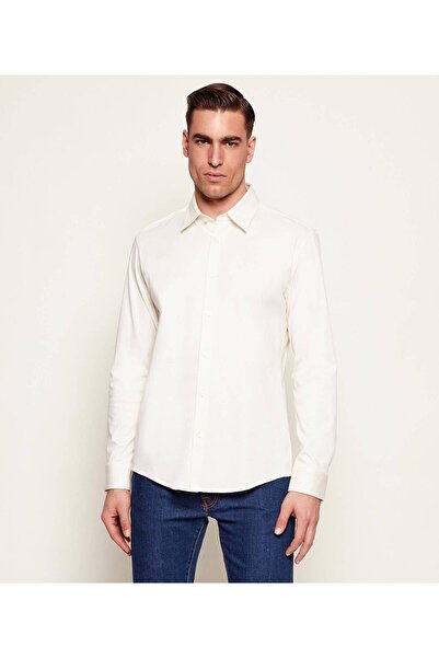 BOSS Men's Slim Fit Logo Embroidered Cotton Long Sleeve Ecru Shirt 50557097-118