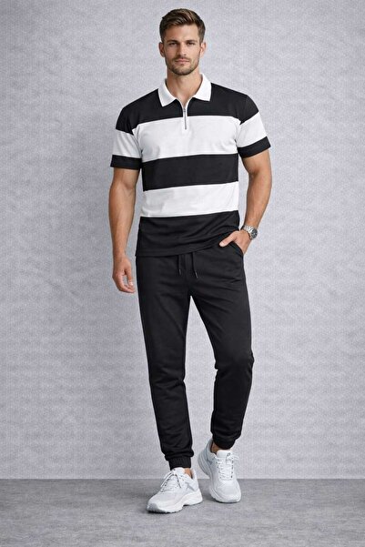 BRLKN طقم رياضي رجالي مخطط كبير الحجم مع سترة نصف سحابية وبنطلون مطاطي عند ال...