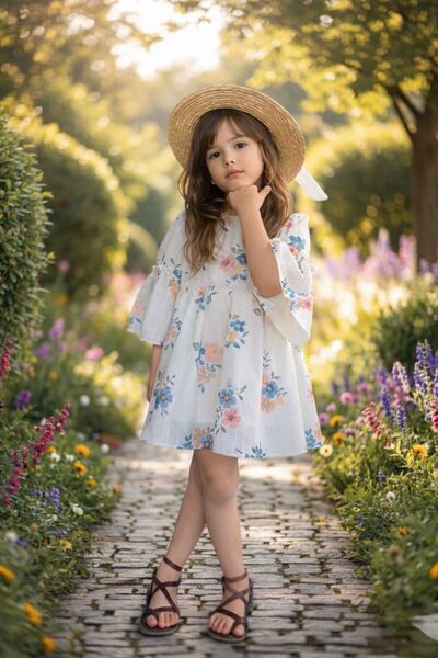 Butik KIZ ÇOCUK ÇİÇEK DESENLİ FİYONKLU ELBİSE
