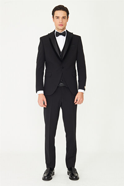 White Stone Black Pointed Collar Groom Suit