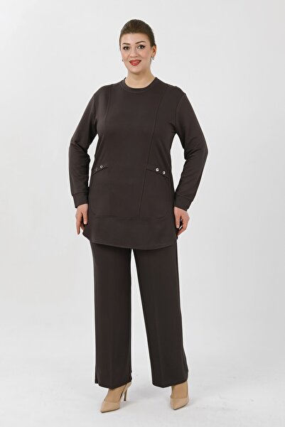 By Alba Collection Women's Light Brown Crystal Fabric Plus Size Top and Botto...