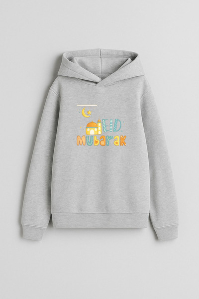 AYDESİGN Eid Mubarak Ramadan Printed Hooded Gray Sweatshirt