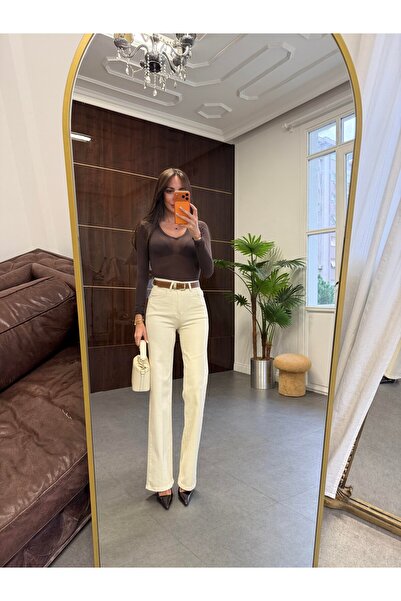 BOLESA GİYİM Bej Yüksek Bel Kemerli Wide Leg Pantolon