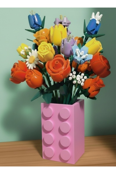 Mutlu Tasarım Lego Çiçekleri İle Uyumlu Vazo Hediyelik Vazo (Çiçekler Dahil D...
