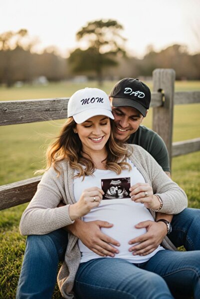 sf collection MOM & DAD Baskılı Siyah-Beyaz 2’li Çift Kombin Şapka