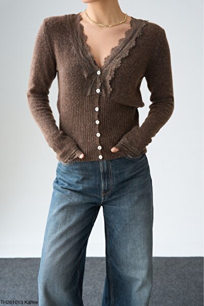 Lupies Kadın Dantel Detaylı Düğmeli Triko Hırka