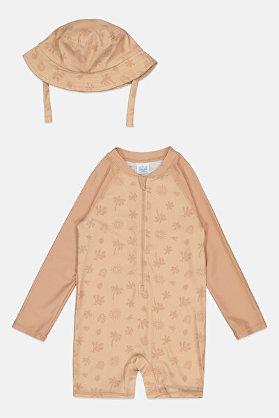 L&J Swim Club Kids Boy 2 Pieces Allover Print Swimsuit And Bucket Hat Set, Beige