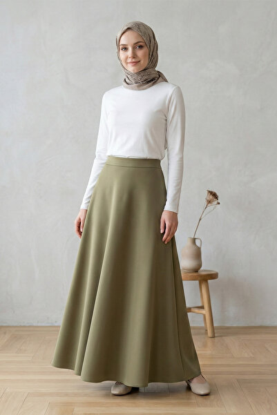 FERHEL Women's Flared Scuba Puff Fabric Relaxed Fit Skirt - Khaki