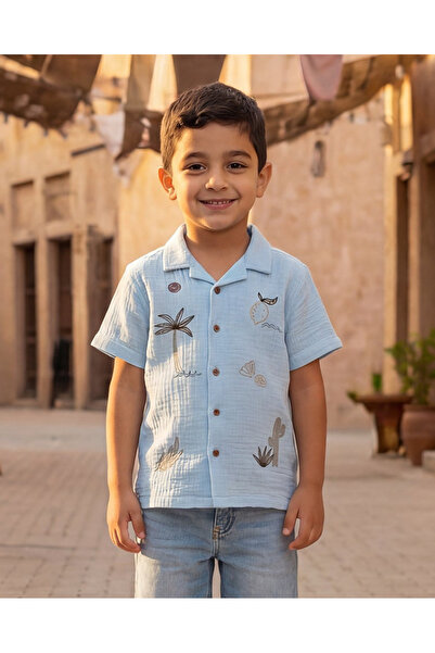 REDTAG Boys Blue Double Cloth Embroidred Short Sleeve