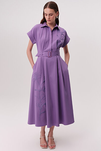 Exquise Shirt Collar Short Sleeve Belted Pocket Regular Midi Dress