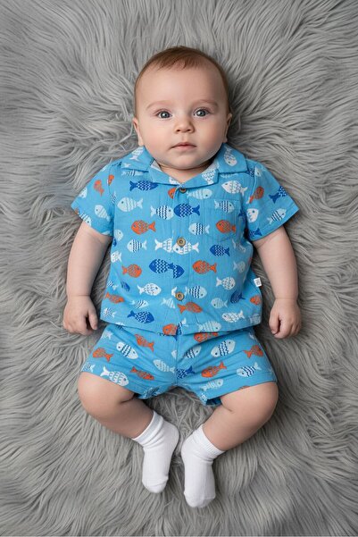 Exer Saucer Toddlers Boy 2 Pieces Allover Print Polo Shirt And Shorts Set, Blue