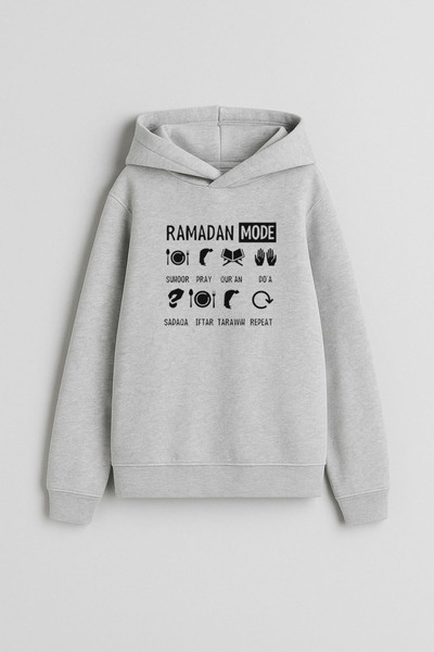 AYDESİGN Ramadan Vibe Mubarak Ramadan Printed Hooded Gray Sweatshirt