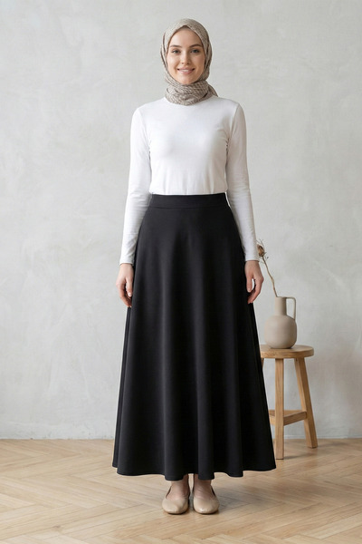 FERHEL Women's Flared Scuba Puff Fabric Relaxed Fit Skirt - Black