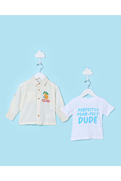 REDTAG Infant Boys White Long Sleeve Shirt With T-Shirt (2 Piece)