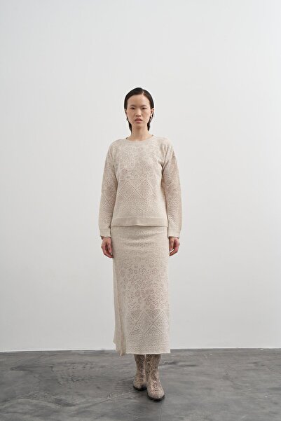 PARKhande Şeffaf Simli Jakarlı Akrilik Kazak - Kemik