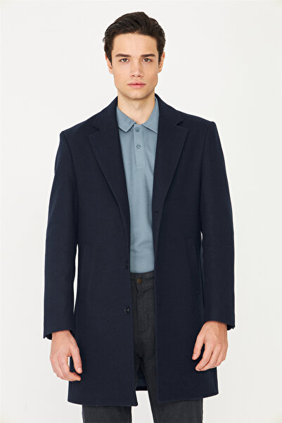 White Stone Navy Blue Lined Cashmere Coat with Inner Pocket Regular Fit