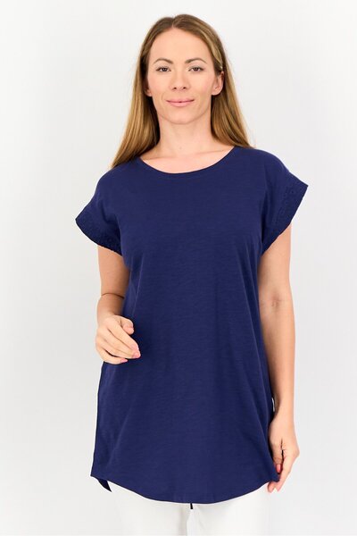 Amara Reya Women Crew Neck Cap Sleeve Plain Top, Navy