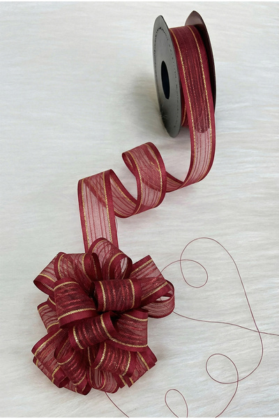ZEYMERADE Pull-Out Chiffon Ribbon Burgundy Gold Glitter 2.5cm 20Mt, Bride, Bu...