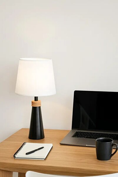 N.zone مصباح طاولة أسود عصري - قاعدة خشبية مع غطاء قماش أبيض لغرفة النوم وغرف...