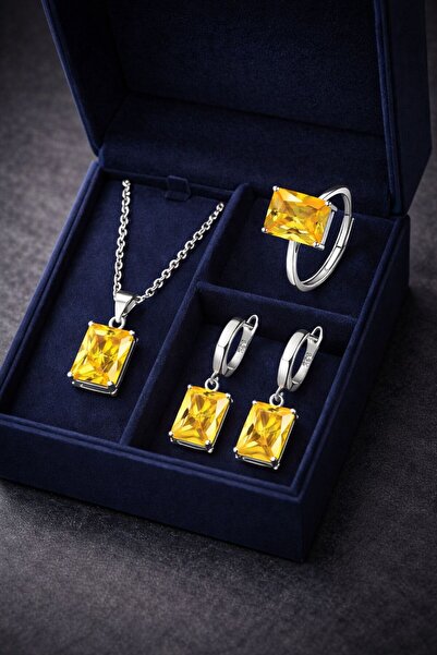 BEREN KILIÇ 925 Ayar Gümüş Sarı Taşlı Kare Model Kolye Küpe Yüzük Takı Seti –...