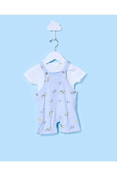 REDTAG Baby White And Blue Printed Dungaree Set (2 Piece)