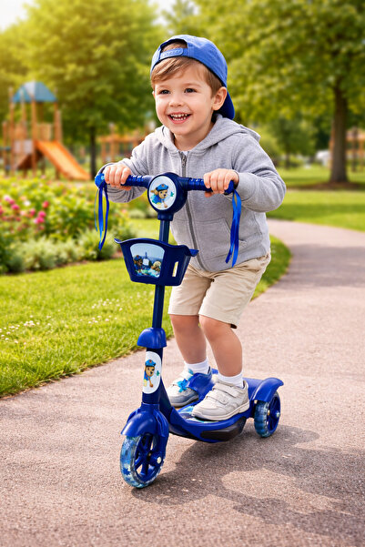 Scooter Three-wheeled children's scooter with front basket and cartoon design...