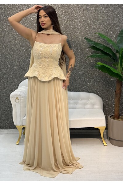 E&A Eren Abiye STRAPLEZ BONCUK ISLEMELI SIFON ELBISE