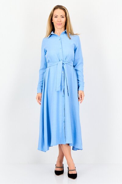 Ulyashova Women Chambray Belted Maxi Dress, Blue