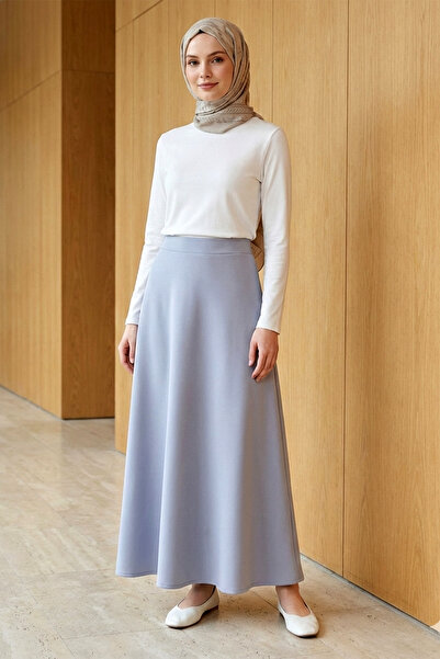 FERHEL Women's Flared Scuba Puff Fabric Relaxed Fit Skirt - Gray