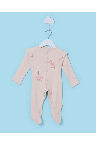 REDTAG Baby Girls Peach Floral Embroidery Sleepsuit