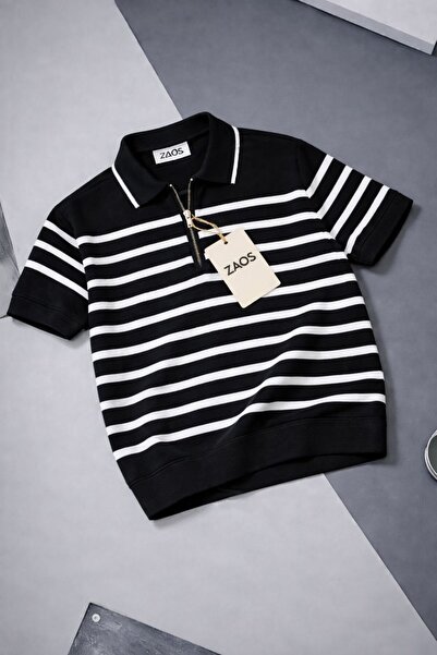 zs zaos fashion erkek çizgili fermuarlı poloyaka triko tişört pamuklu kalitel...