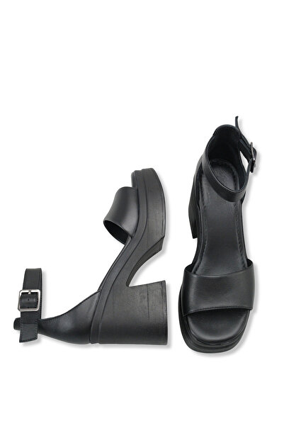 DELSOLERA Women's Leather Single Strap Buckle Detailed Thick Platform Heeled ...